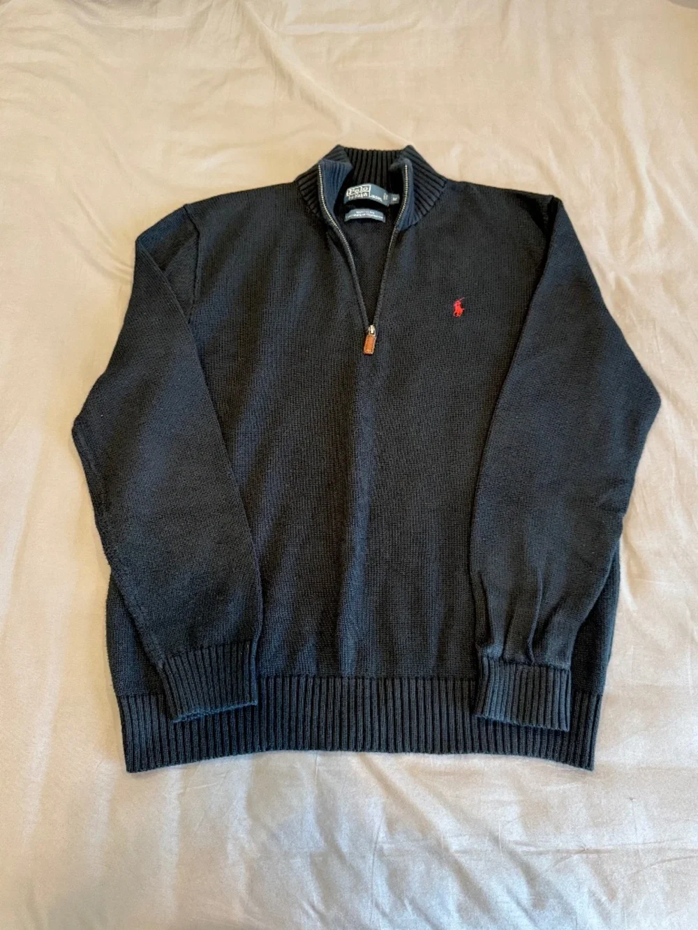Polo Ralph Lauren Black Cotton Quarter Zip Sweater Red Pony Medium M